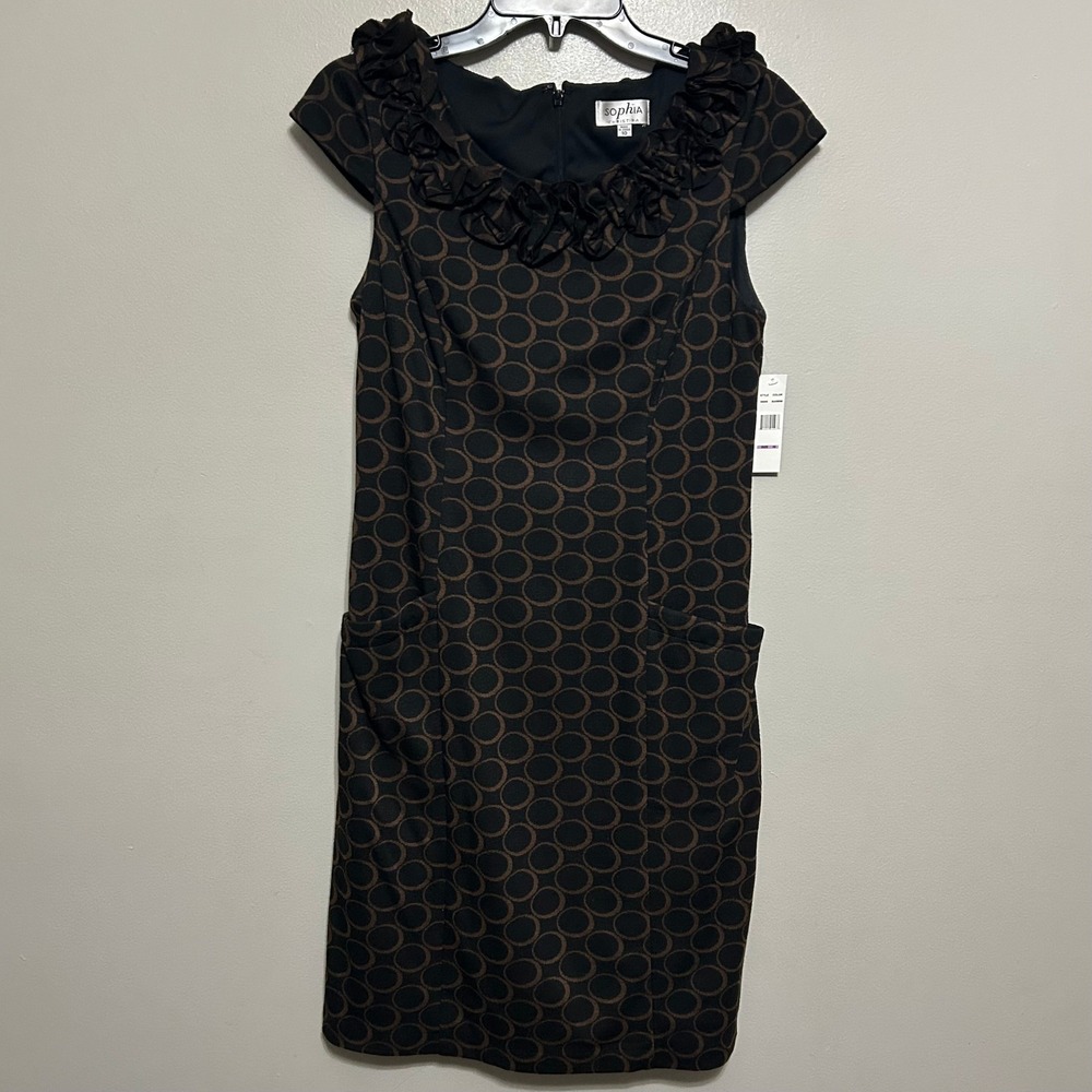Sophia Christina Dress 10 Black Brown Sheath NWT Rosette Pockets Mod Office Dark